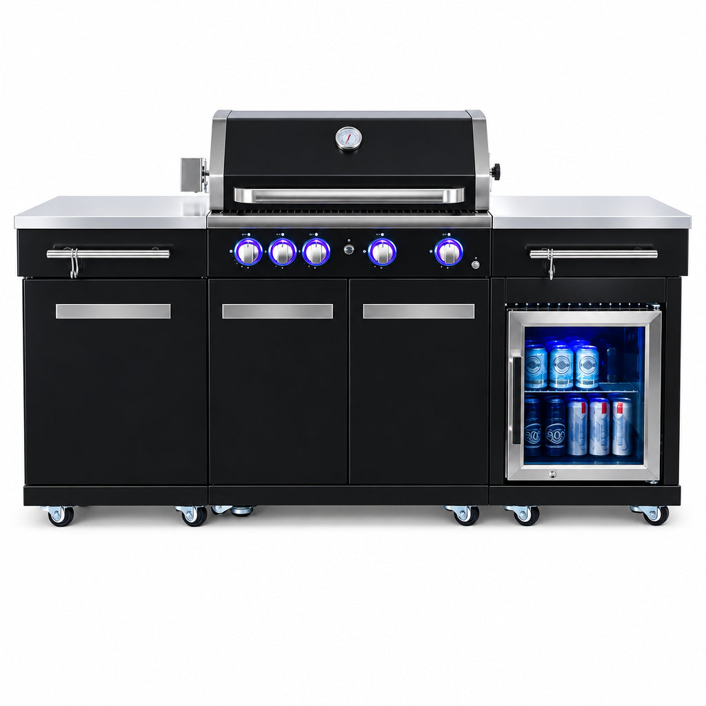Premium 70"W Black Stainless Steel Outdoor Kitchen Island BBQ Gas Grill with Compact Refrigerator & Rotisserie Burner + Dual Sided Griddle Plate + Charcoal Tray + Natural Gas Conversion Kit