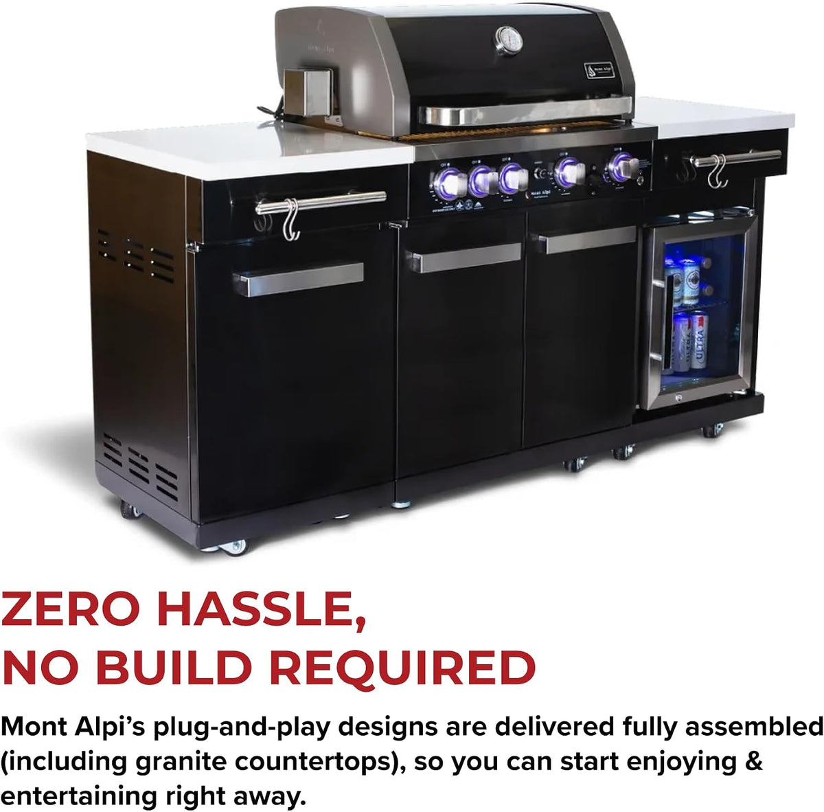 Premium 70"W Black Stainless Steel Outdoor Kitchen Island BBQ Gas Grill with Compact Refrigerator & Rotisserie Burner + Dual Sided Griddle Plate + Charcoal Tray + Natural Gas Conversion Kit