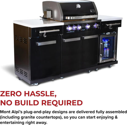 Premium 70"W Black Stainless Steel Outdoor Kitchen Island BBQ Gas Grill with Compact Refrigerator & Rotisserie Burner + Dual Sided Griddle Plate + Charcoal Tray + Natural Gas Conversion Kit
