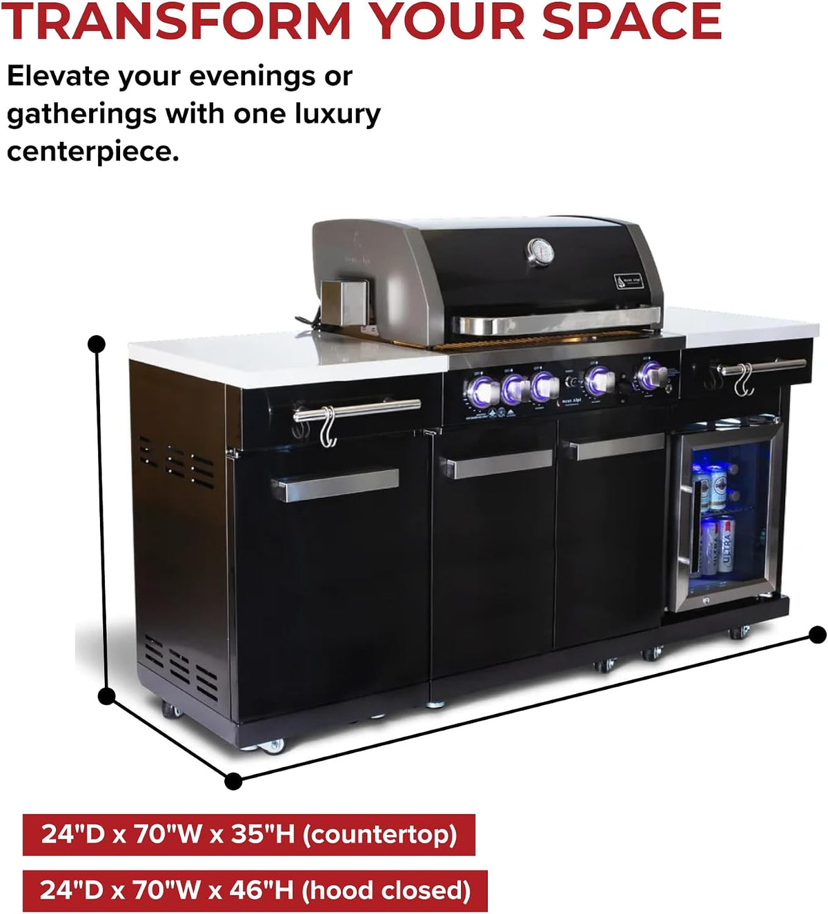 Premium 70"W Black Stainless Steel Outdoor Kitchen Island BBQ Gas Grill with Compact Refrigerator & Rotisserie Burner + Dual Sided Griddle Plate + Charcoal Tray + Natural Gas Conversion Kit