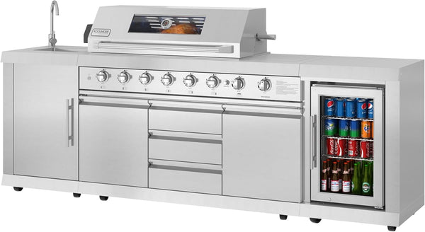Reserve Outdoor Kitchen Island with 6 Burner Grill and a Side Burner, Sink, Storage Cabinet and Beverage Refrigerator, CSA Listed in Stainless-Steel
