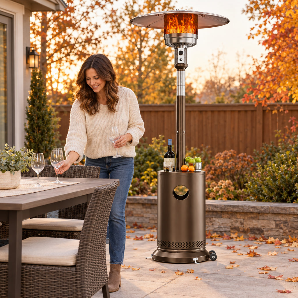 50, woman setting out glasses on a patio table beside the heater, relaxed and unhurried