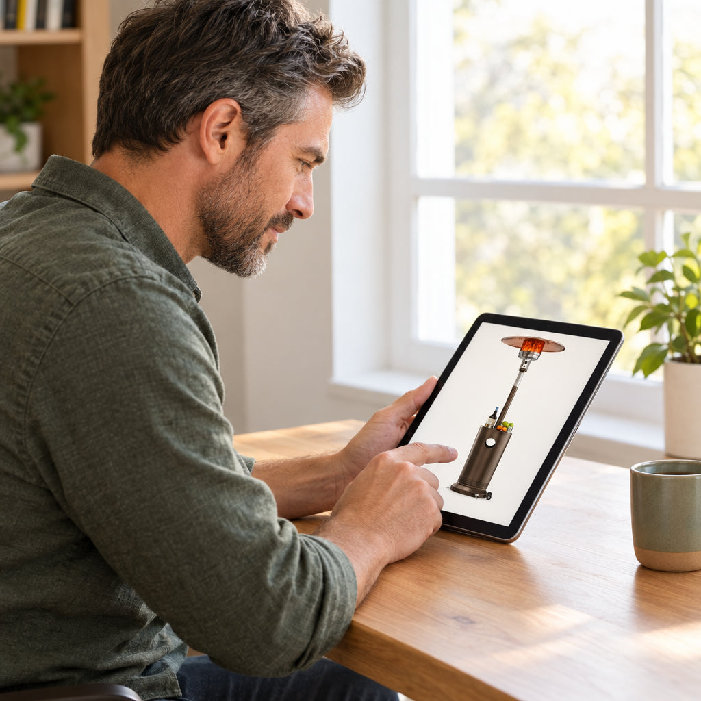 50, man reading a product page on a tablet, leaning forward with focused interest, one finger paused mid-scroll