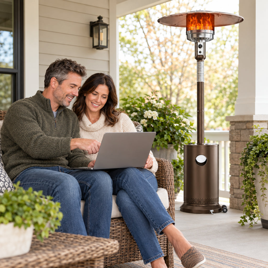 50, couple sitting side by side on an outdoor bench, one pointing at a laptop screen, both nodding