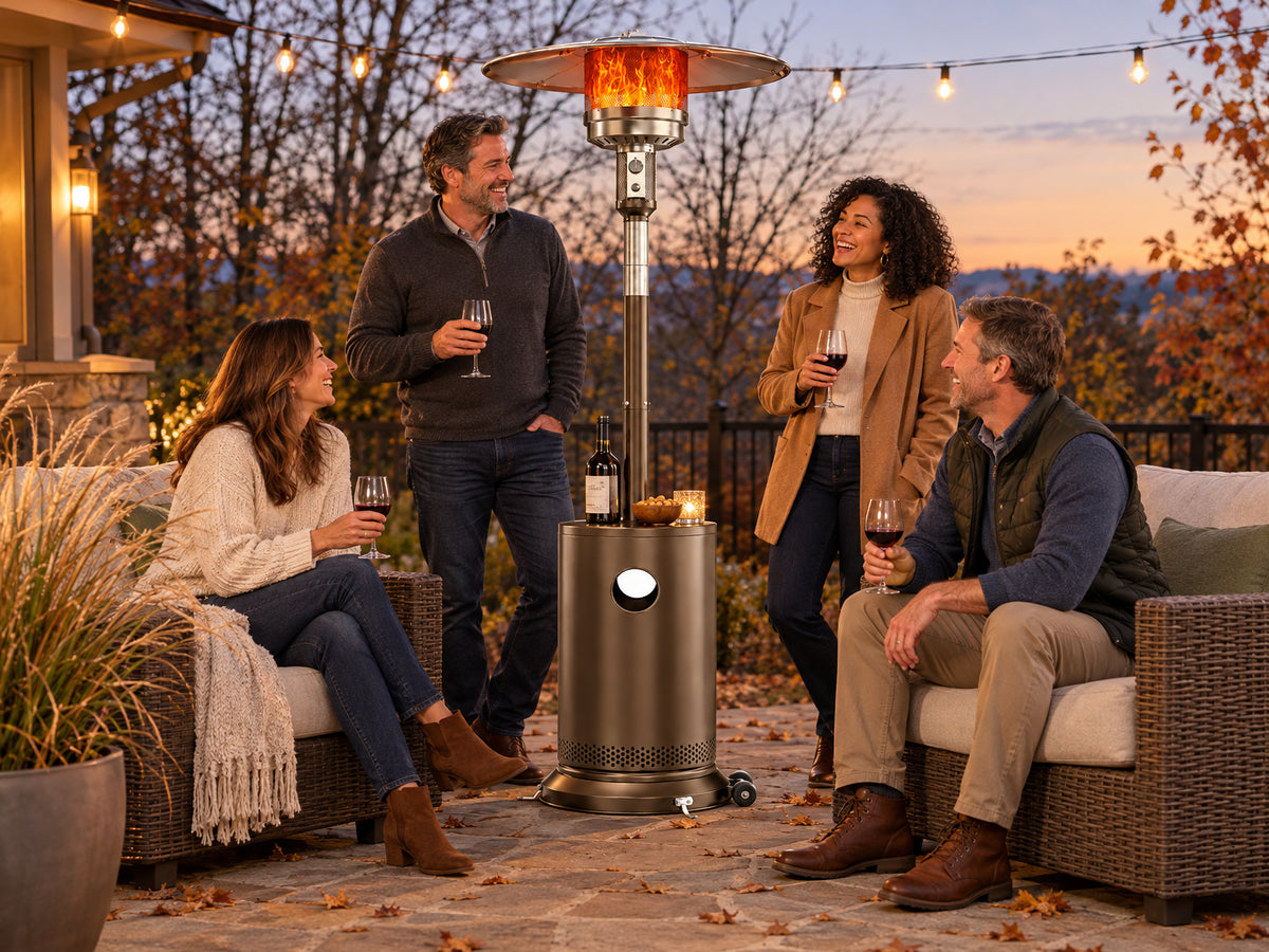 50, guests laughing and leaning in toward warmth, nobody reaching for a jacket, large stone patio with outdoor furniture