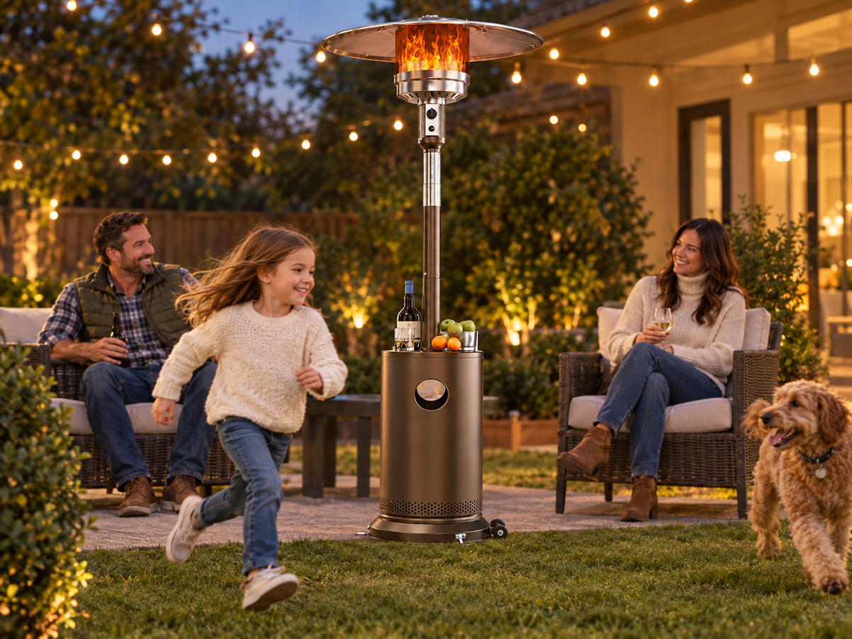50, child running past the heater closely, heater standing steady and unaffected, grassy backyard patio with string lights