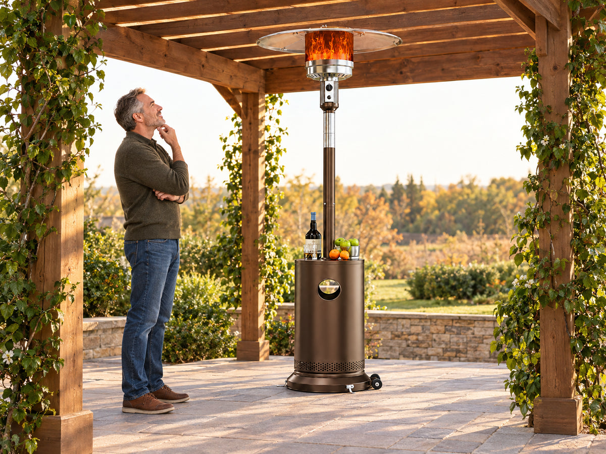 50, person standing back and eyeing the clearance between the heater top and the pergola beams, nodding with satisfaction