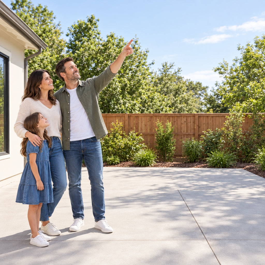 Louvered Pergola Modern White Pergola, couple and a child standing on the bare patio
