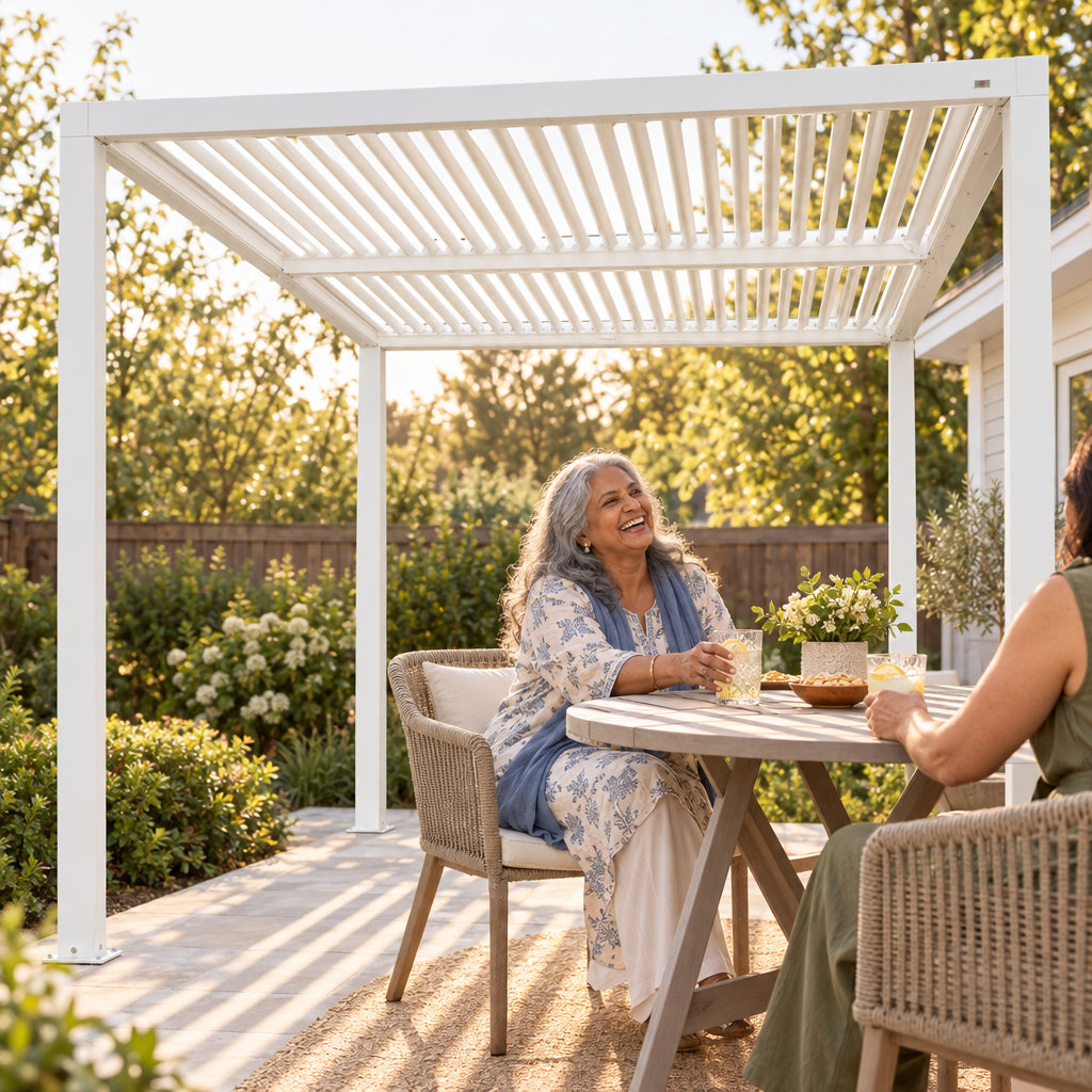 Louvered Pergola Modern White Pergola, older woman of South Asian descent seated under the pergola, hosting a small gathering