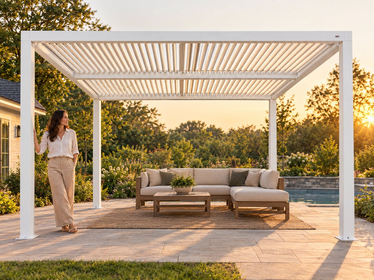 Louvered Pergola Modern White Pergola, woman standing under the installed pergola, hand resting on a post