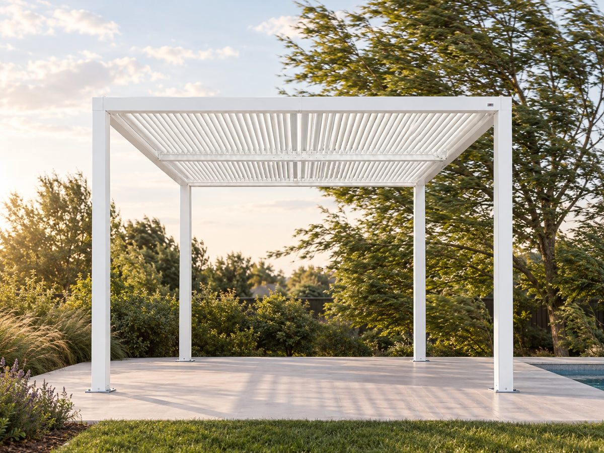Louvered Pergola Modern White Pergola, pergola standing completely still and plumb while tree branches in the background sway