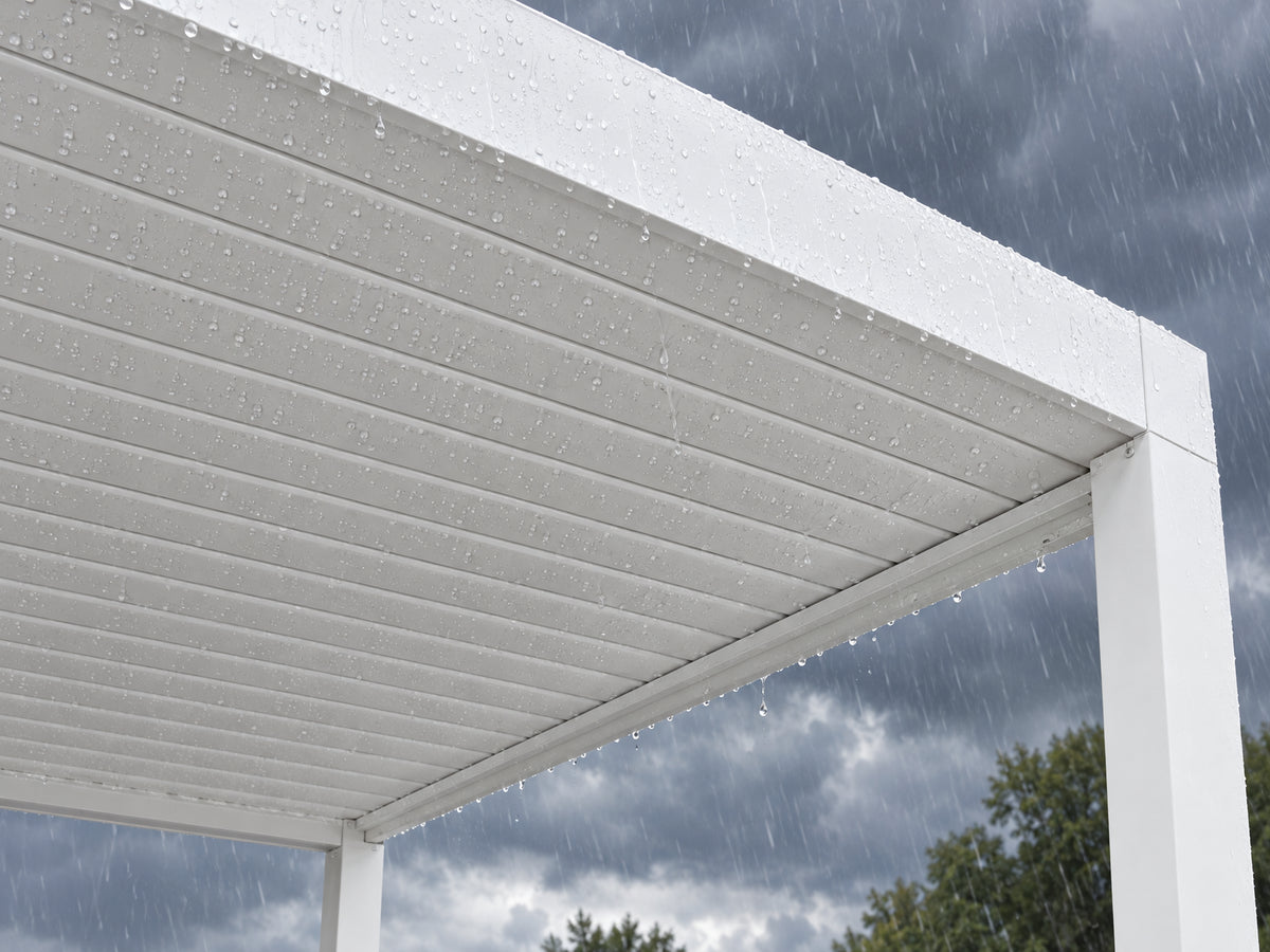 Louvered Pergola Modern White Pergola, closed louver blades shown edge-on with no visible gap between them