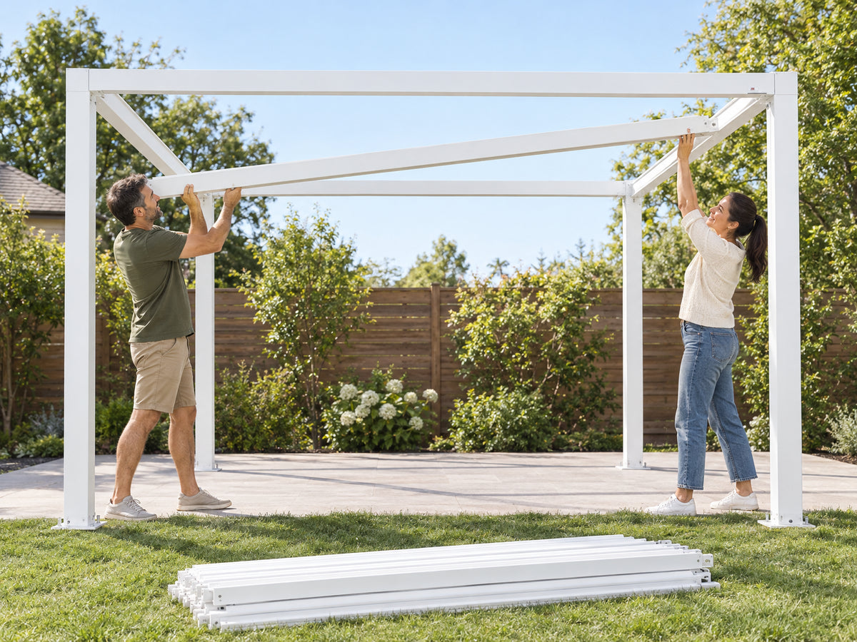 Louvered Pergola Modern White Pergola, two people confidently lifting a beam section into position, both calm and coordinated