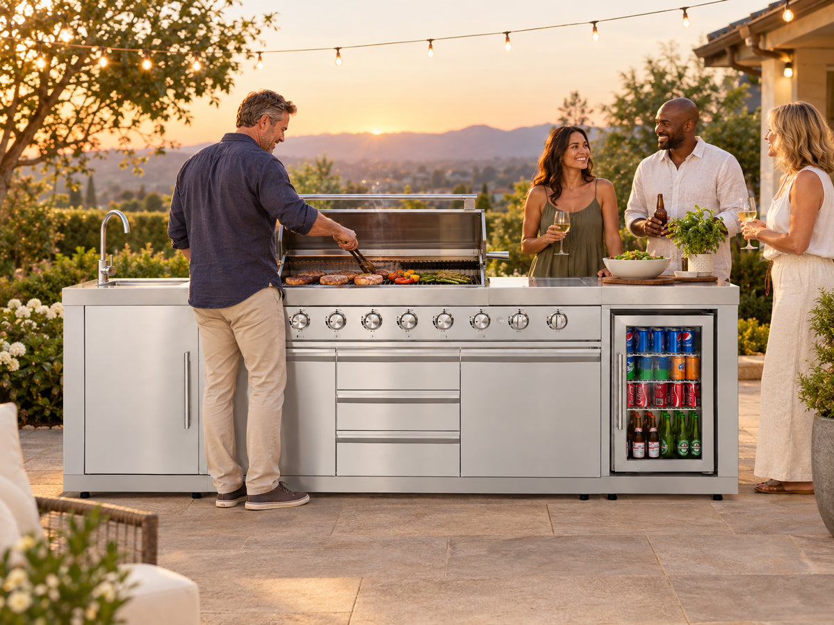 Reserve Outdoor Kitchen Island, host flipping food on the grill while guests gather around the island with drinks in hand