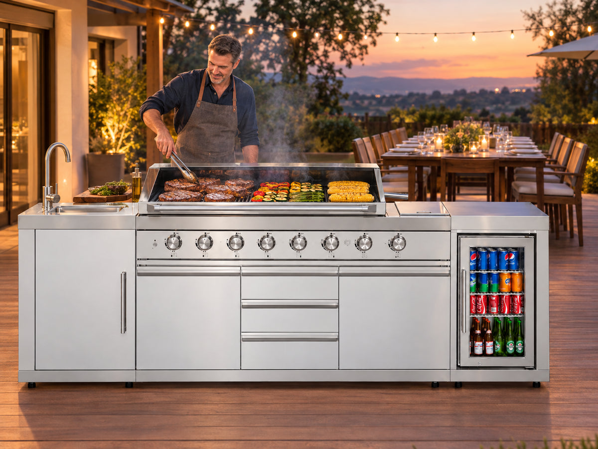 Reserve Outdoor Kitchen Island, man managing several different foods across a wide grill surface simultaneously