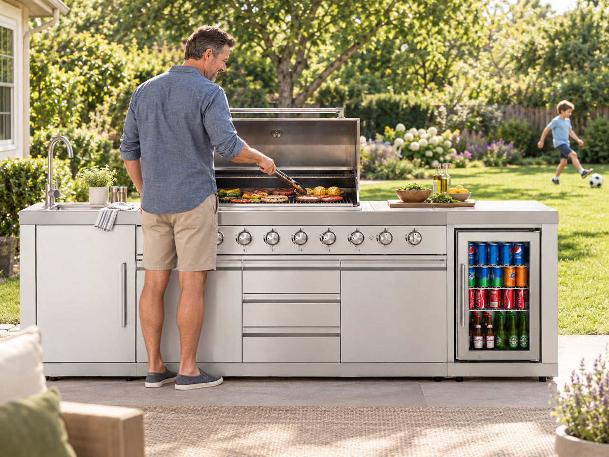Reserve Outdoor Kitchen Island, man grilling calmly while a child plays in the background