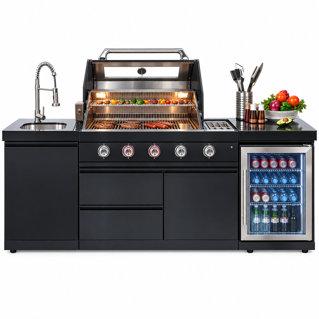 Outdoor Kitchen Island Gas Grill System 4 Burner BBQ Island with Rotisserie Kit, Integrated Sink, Wine Cooler & Granite Countertop