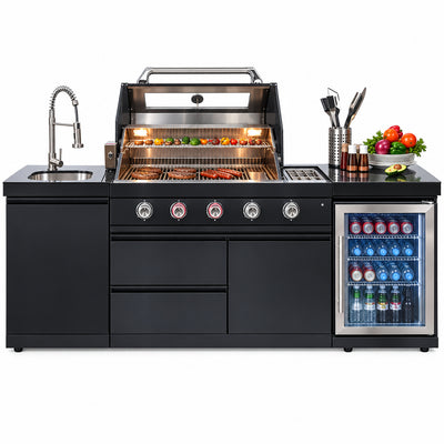 Outdoor Kitchen Island Gas Grill System 4 Burner BBQ Island with Rotisserie Kit, Integrated Sink, Wine Cooler & Granite Countertop