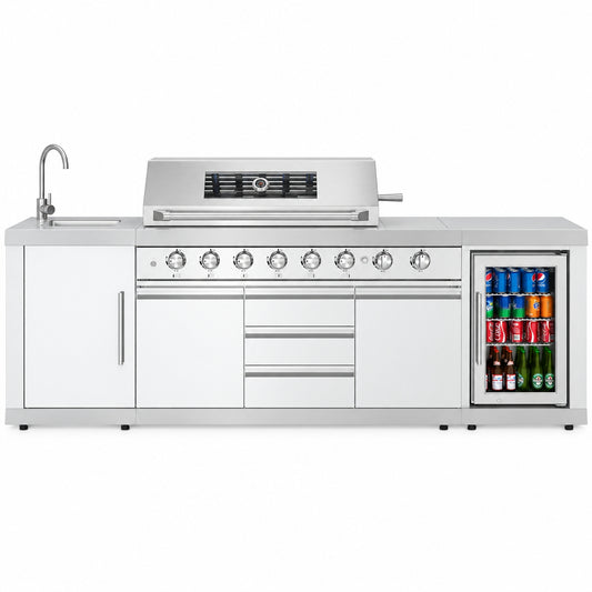Reserve Outdoor Kitchen Island with 6 Burner Grill and a Side Burner, Sink, Storage Cabinet and Beverage Refrigerator, CSA Listed in Stainless-Steel